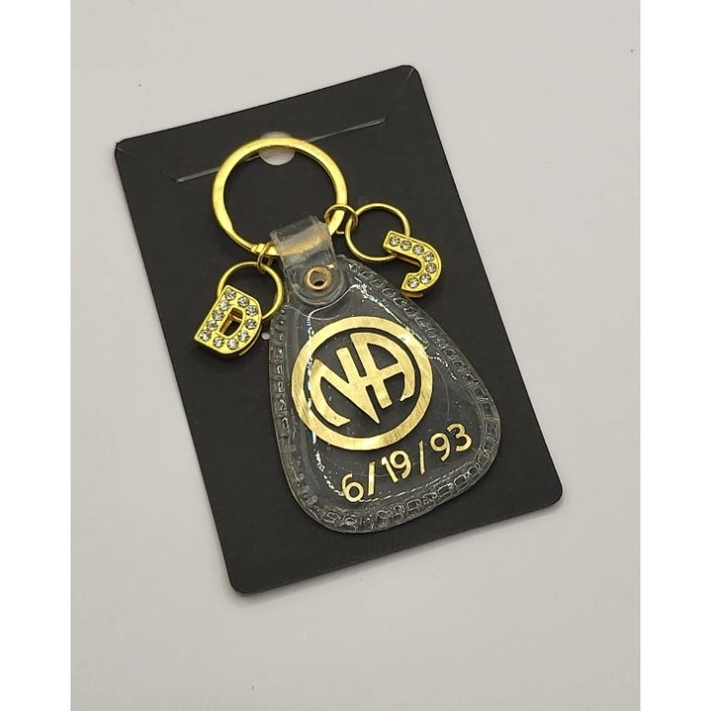 NA Narcotics Anonymous HANDMADE CLEAR resin keytag with initial ^ clean date!